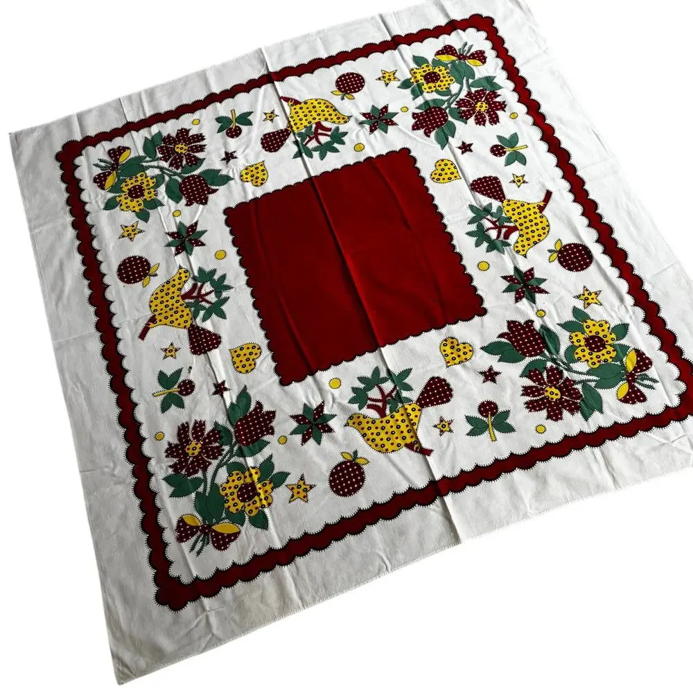 Vintage printed cotton square tablecloth farmhouse cottage yellow green FLAW